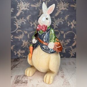 Vintage Style Ceramic Easter Bunny Figurine Gentleman Rabbit w/ Carrot Satchel